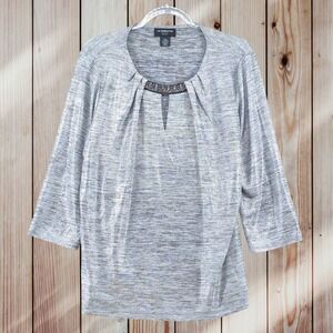 Liz Claiborne 3/4 Sleeve Round Neck Rhinestone Space Dye Gray Womens Top PXXL